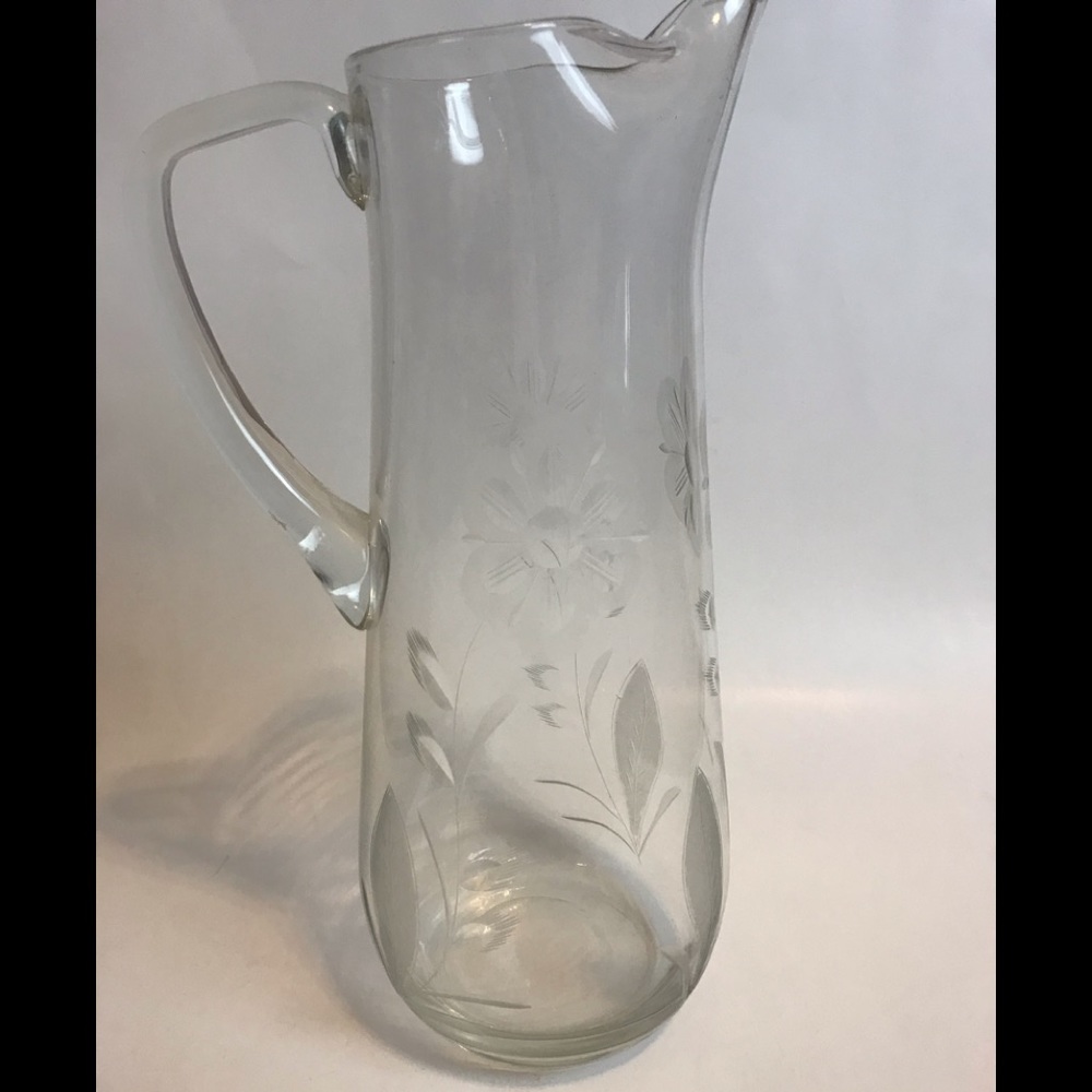 Vintage etched glass crystal pinched pitcher